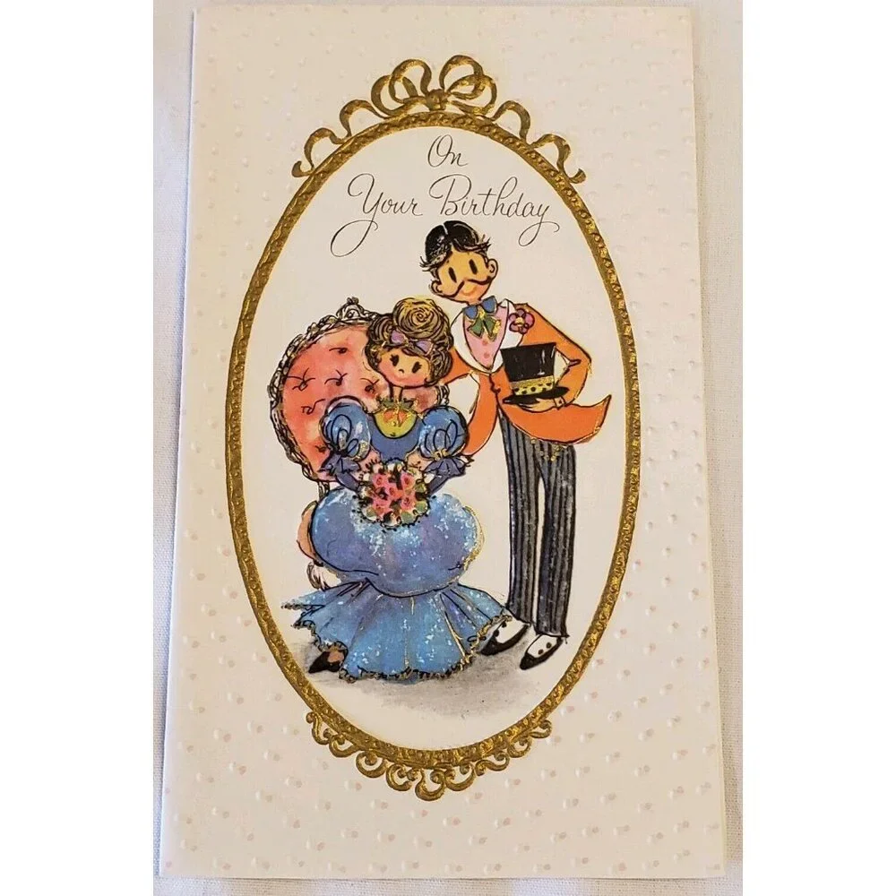 70s Birthday Card Gibson Girl Couple Old Fashioned Embossed Made USA Vintage